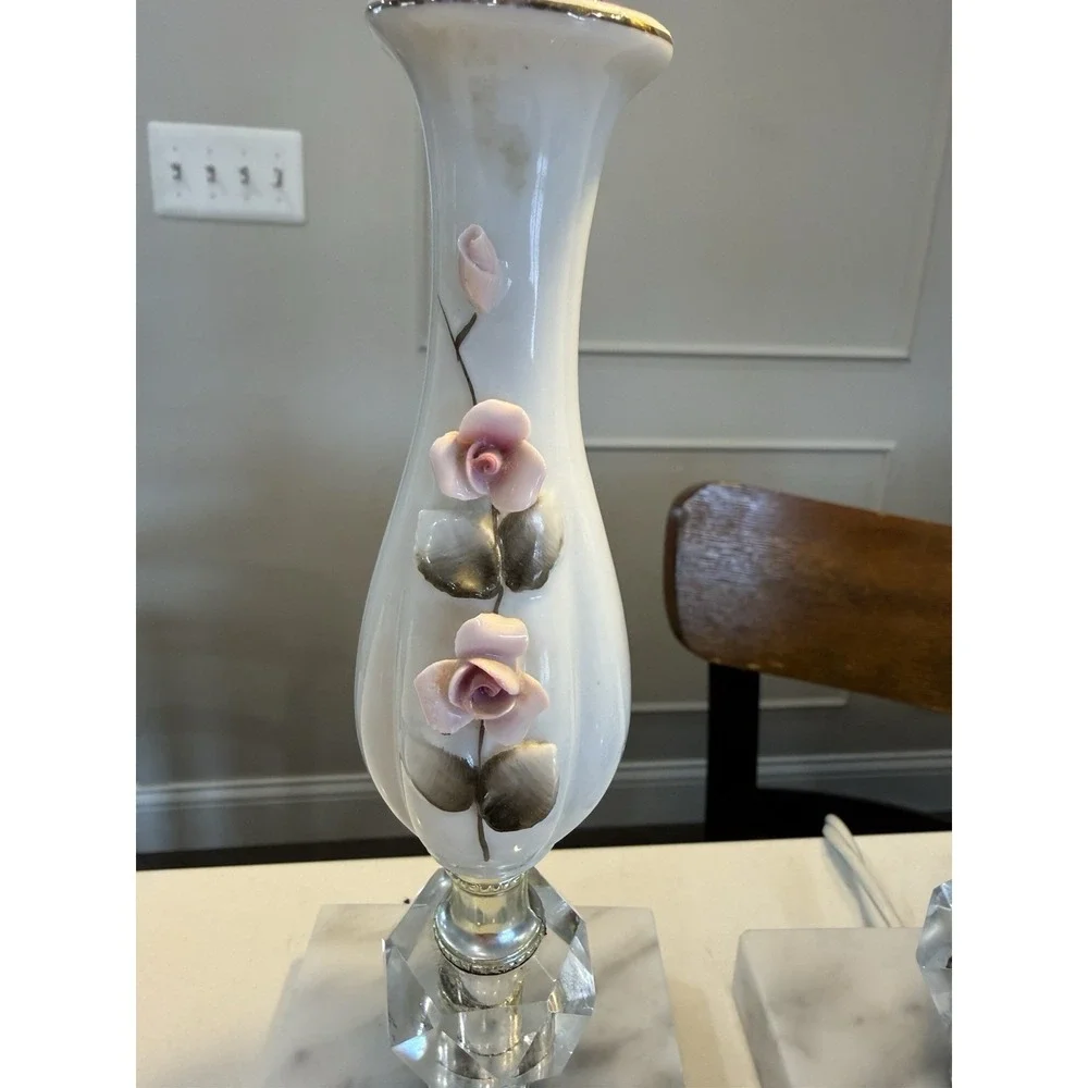 Vintage Porcelain Boudoir Lamps (2) Marble Base Roses Green Pink White Gold 50's